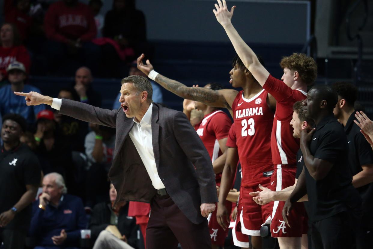 Feb 28, 2024; Oxford, Mississippi, USA; Alabama Crimson Tide head coach Nate Oats gives direction during the second half against the Mississippi Rebels at The Sandy and John Black Pavilion at Ole Miss. Mandatory Credit: Petre Thomas-USA TODAY Sports