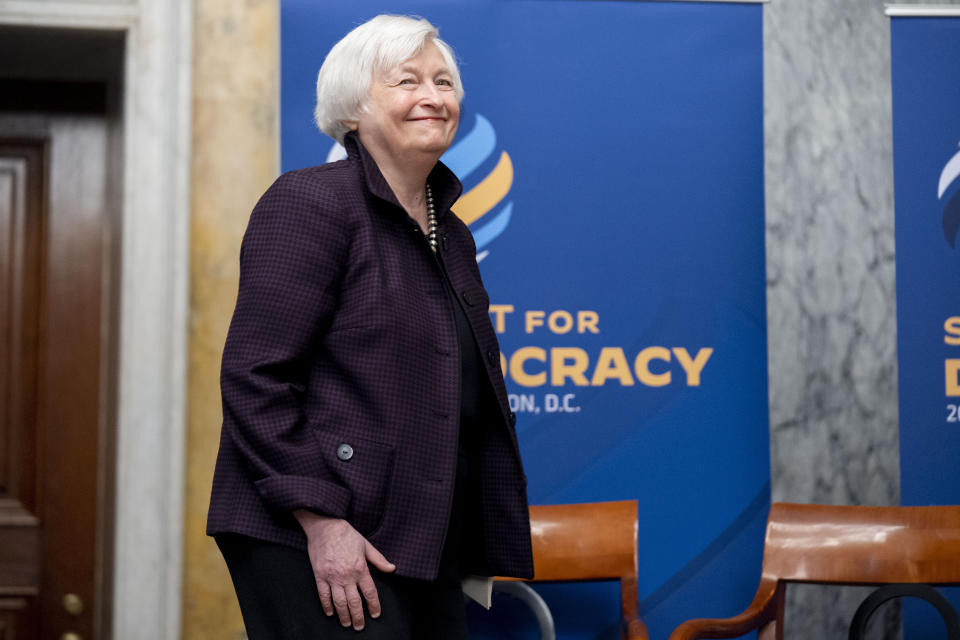 Treasury Secretary Janet Yellen arrives to speak during an anti-corruption panel discussion as part of the 2023 Summit for Democracy at the Treasury Department, Tuesday, March 28, 2023, in Washington. (AP Photo/Andrew Harnik)