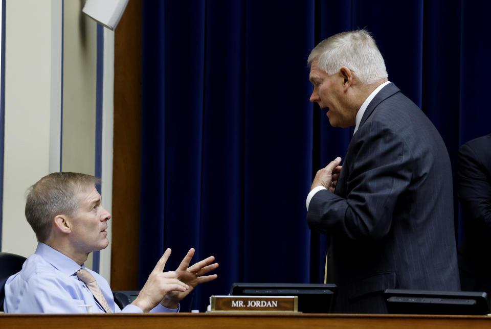 Rep. Jim Jordan, R-Ohio, speaks with Rep. Pete Sessions, R-Texas,during a House Oversight and Reform Committee regarding the on Jan. 6 attack on the U.S. Capitol, on Capitol Hill in Washington, Wednesday, May 12, 2021. (Jonathan Ernst/Pool via AP)