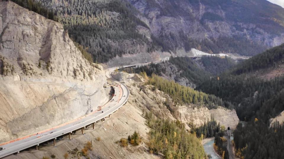 The nearly-complete Kicking Horse Canyon near Golden, B.C., is seen in a screenshot from a drone video shared by the B.C. government on Oct. 26, 2023. - Press release: https://news.gov.bc.ca/releases/2023MOTI0164-001651 - Link to drone video published on Transportation Investment Corporation (TI Corp)'s YouTube channel, published in B.C. gov't press release:  https://www.youtube.com/watch?v=Yb9ouIW64uw