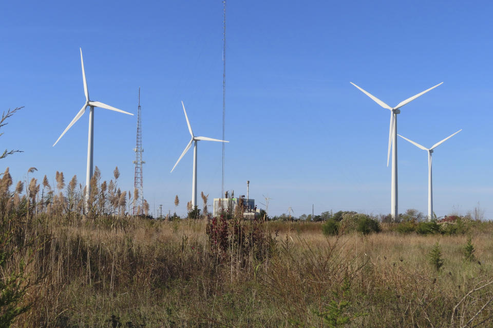 Land-based wind turbines spin in Atlantic City, N.J. on Nov. 3, 2023. On Jan. 24, 2024, New Jersey utilities regulators approved two additional offshore wind farms, bringing the state's number to three. (AP Photo/Wayne Parry)