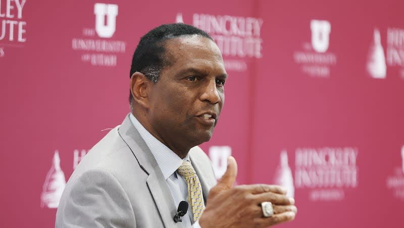 Rep. Burgess Owens, R-Utah, speaks during the Sutherland Institute's 2023 Congressional Series at the University of Utah Hinckley Institute in Salt Lake City on Aug. 30, 2023.