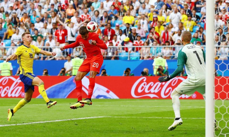 Dele Alli scores England’s second goal in their World Cup quarter-final victory against Sweden at the Samara Arena.