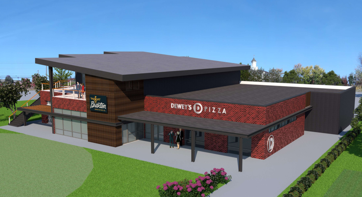 A rendering of the future Braxton Brewing Co., Graeter's Ice Cream and Dewey's Pizza space in Union, which is set to open in late 2023.