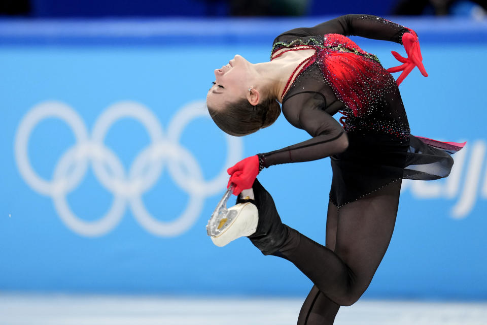 FILE - Kamila Valieva, of the Russian Olympic Committee, competes in the women's team free skate program during the figure skating competition at the 2022 Winter Olympics, Monday, Feb. 7, 2022, in Beijing. Russian figure skater Kamila Valieva has been disqualified from the 2022 Beijing Olympics. The verdict from the Court of Arbitration for Sport comes almost two years after Valieva's doping case caused turmoil at the Beijing Games. (AP Photo/Natacha Pisarenko, File)