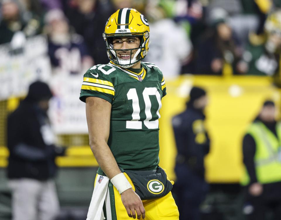 Green Bay Packers quarterback <a class="link " href="https://sports.yahoo.com/nfl/players/32696" data-i13n="sec:content-canvas;subsec:anchor_text;elm:context_link" data-ylk="slk:Jordan Love;sec:content-canvas;subsec:anchor_text;elm:context_link;itc:0">Jordan Love</a> (10) reacts after a touchdown pass during an NFL football game against the <a class="link " href="https://sports.yahoo.com/nfl/teams/chicago/" data-i13n="sec:content-canvas;subsec:anchor_text;elm:context_link" data-ylk="slk:Chicago Bears;sec:content-canvas;subsec:anchor_text;elm:context_link;itc:0">Chicago Bears</a> Sunday, Jan. 7, 2024, in <a class="link " href="https://sports.yahoo.com/nfl/teams/green-bay/" data-i13n="sec:content-canvas;subsec:anchor_text;elm:context_link" data-ylk="slk:Green Bay;sec:content-canvas;subsec:anchor_text;elm:context_link;itc:0">Green Bay</a>, Wis. | Jeffrey Phelps, Associated Press