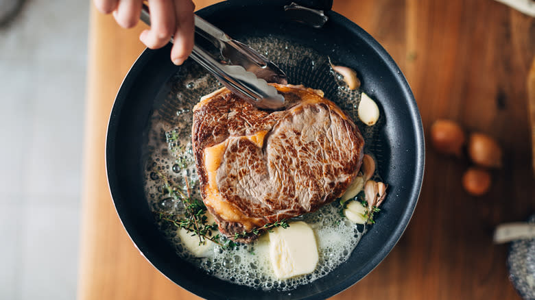 pan searing a steak