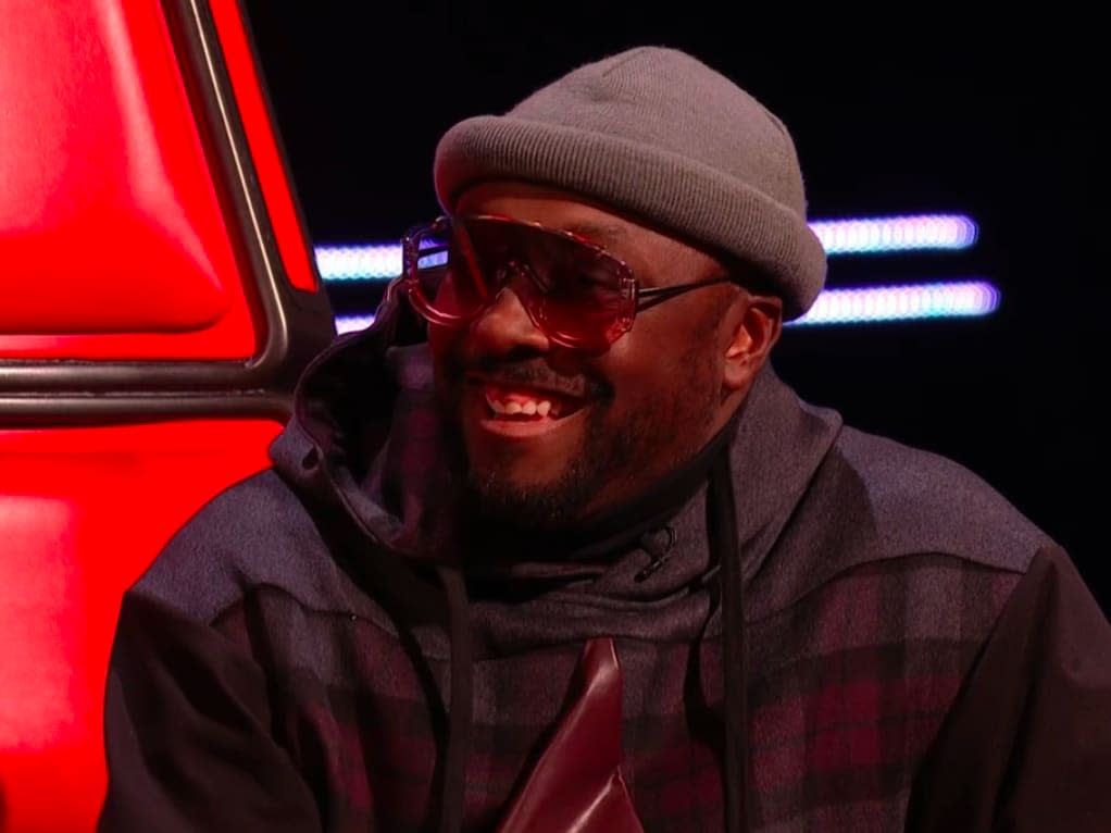 The Voice UK coach will.i.am can't stop grinning after Mic Lowry join his team. (ITV screenshot)