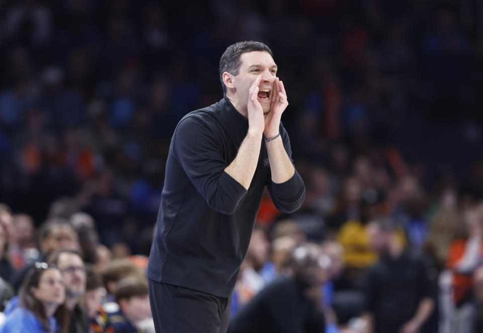Feb 2, 2024; Oklahoma City, Oklahoma, USA; Oklahoma City Thunder head coach Mark Daigneault yells to his team during a play against the Charlotte Hornets during the second half at Paycom Center. Mandatory Credit: Alonzo Adams-USA TODAY Sports
