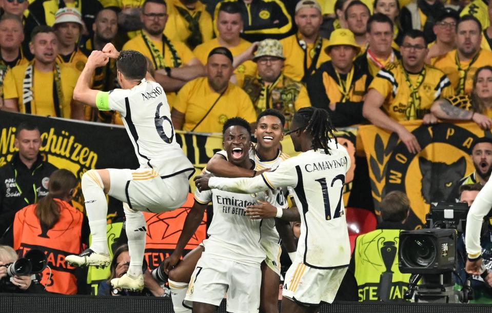 LONDON, ENGLAND - JUNE 1: Real Madrid's Vinicius Junior and teammates celebrate after scoring a goal during the UEFA Champions League Final between Borussia Dortmund and Real Madrid at Wembley Stadium in London, England on June 1, 2024. (Photo by Mustafa Yalcin/Anadolu via Getty Images)