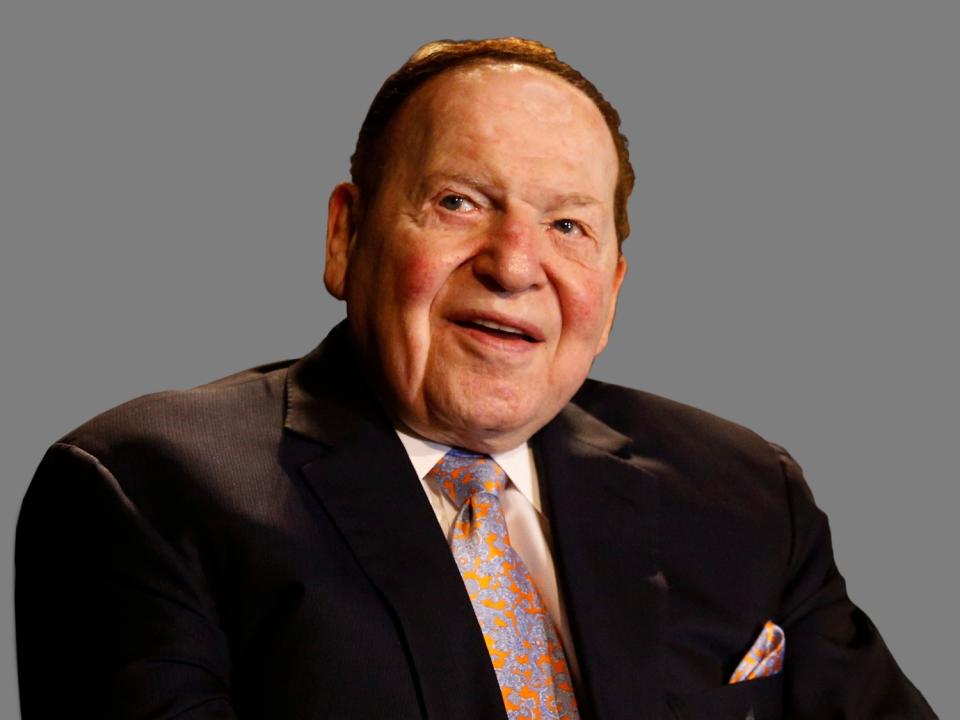 Sheldon Adelson headshot, as Las Vegas Sands Corporation CEO, graphic element on gray