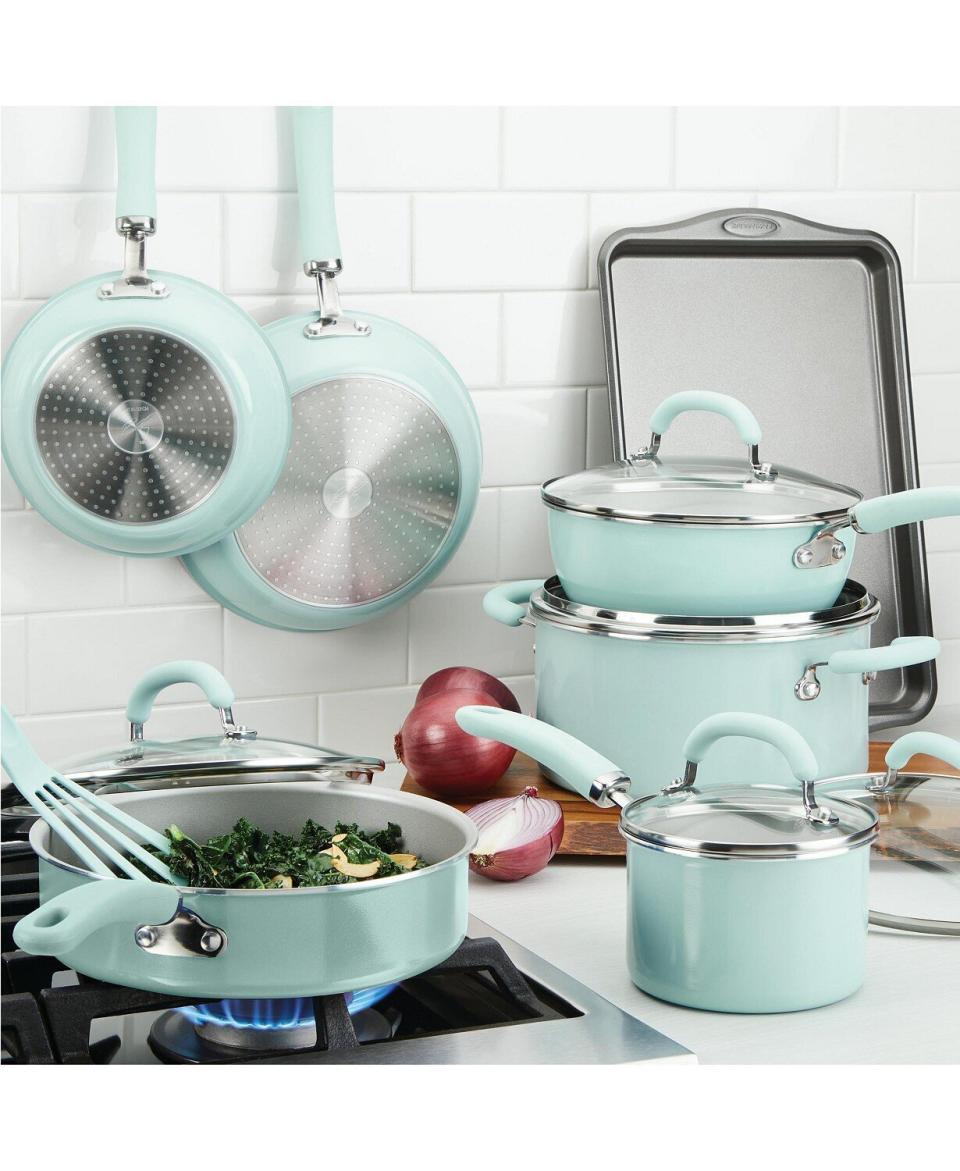 This top-rated cookware set from Rachael Ray comes in both this pale blue hue and a purple shade. It comes with almost anything you can think of including a sauce pan, skillet, saut&eacute; pan and stock pot. For bakers, there's even a cookie sheet. <a href="https://fave.co/36h9cIs" target="_blank" rel="noopener noreferrer">﻿Originally $240, get the set on sale for $140 at Macy's</a>.