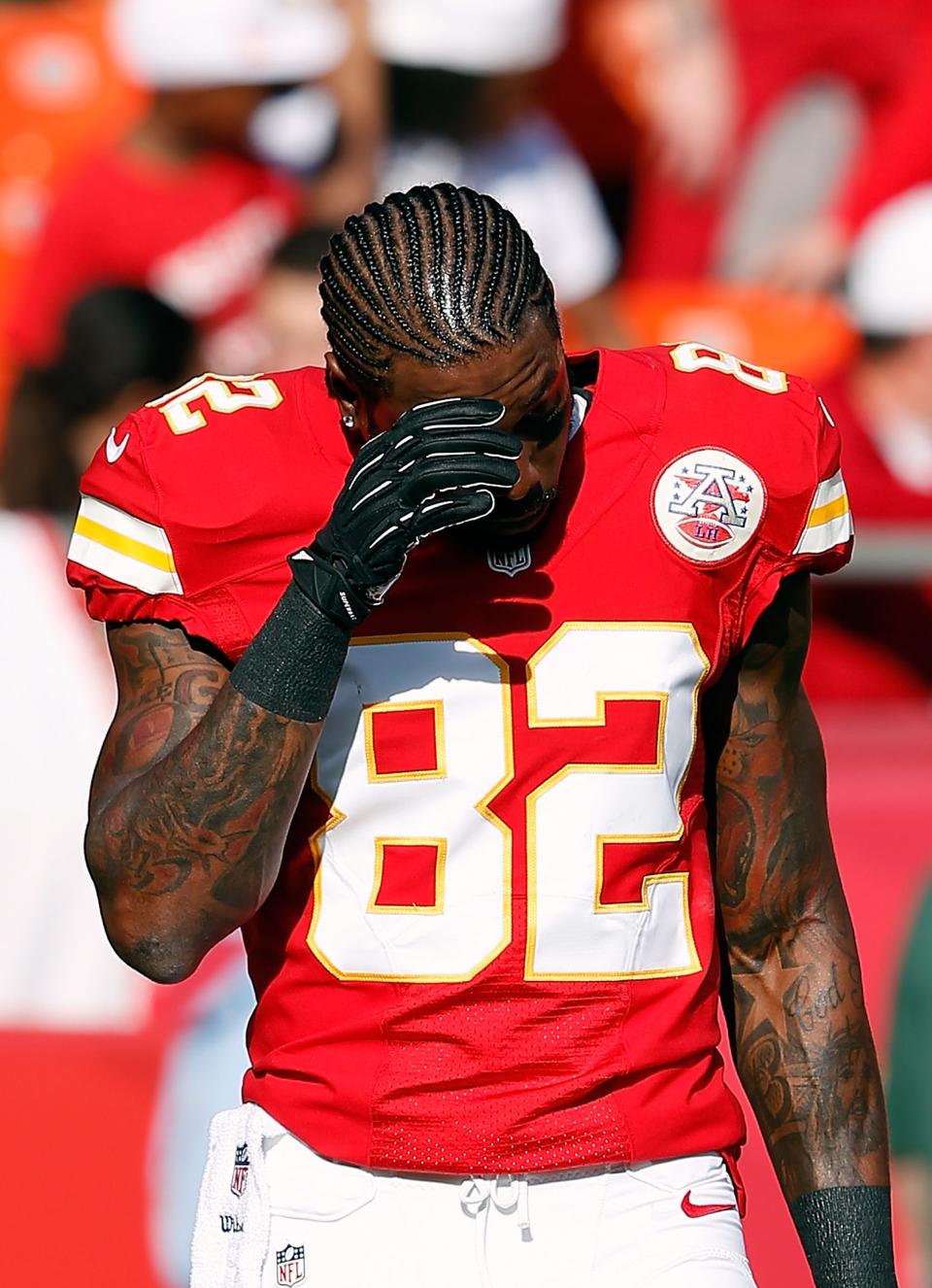 KANSAS CITY, MO - DECEMBER 02: Wide receiver Dwayne Bowe #82 of the Kansas City Chiefs walks off the field after player warm-ups prior to the game against the Carolina Panthers at Arrowhead Stadium on December 2, 2012 in Kansas City, Missouri. (Photo by Jamie Squire/Getty Images)