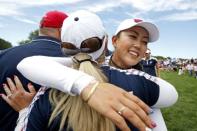 Aug 20, 2017; West Des Moines, IA, USA; USA golfer Michelle Wie celebrates winning The Solheim Cup international golf tournament at Des Moines Golf and Country Club. Mandatory Credit: Brian Spurlock-USA TODAY Sports