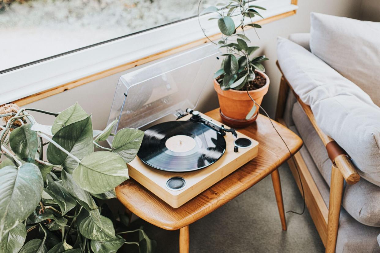 modern turntable on wood table