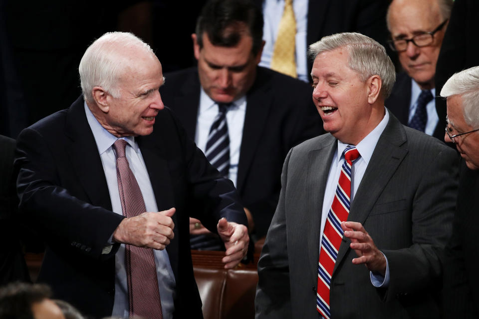 Sen. John McCain (R-AZ) and Sen. Lindsey Graham (R-SC) arrive to a joint session of the U.S. Congress with U.S. President Donald Trump on February 28, 2017 in the House chamber of the U.S. Capitol in Washington, DC.&nbsp;