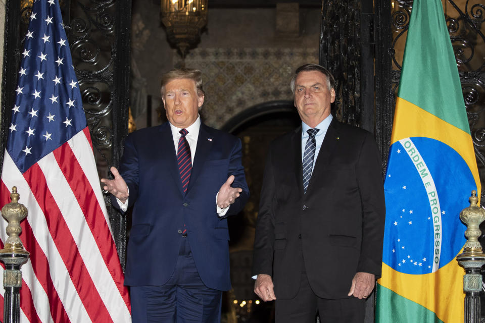 President Donald Trump speaks before a dinner with Brazilian President Jair Bolsonaro at Mar-a-Lago, Saturday, March 7, 2020, in Palm Beach, Fla. (AP Photo/Alex Brandon)