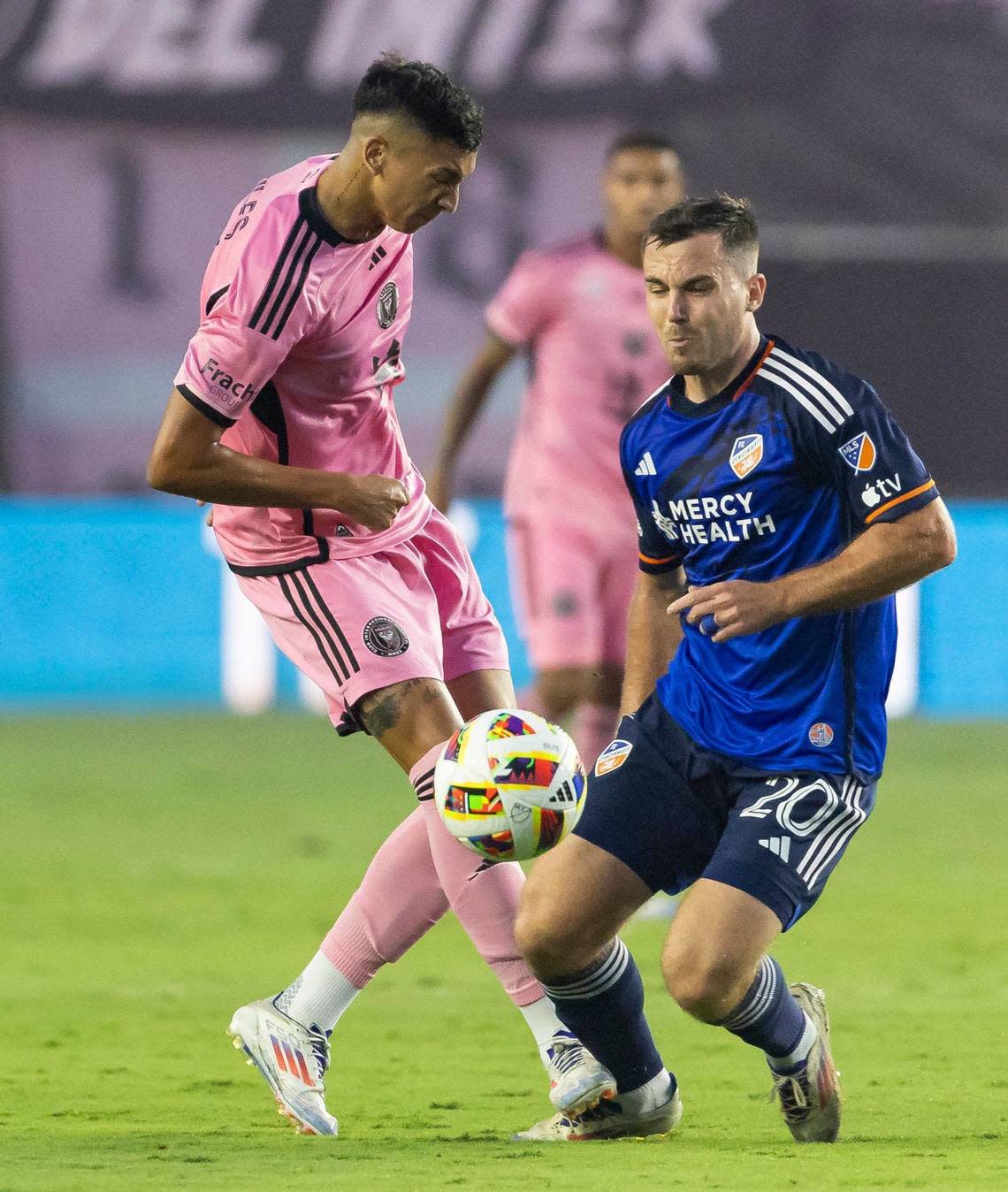 Inter Miami midfielder Tomás Aviles (6) fouls FC Cincinnati midfielder Pavel Bucha (20) in the first half of their MLS match at Chase Stadium on Saturday, Aug. 24, 2024, in Fort Lauderdale, Fla.