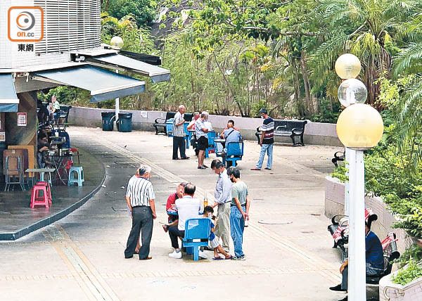 公園捉棋：鄰近葵盛東的公園有逾四人群組聚首下棋。（讀者提供）