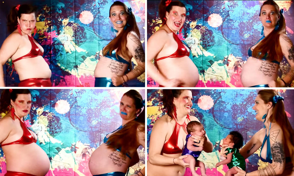 Claire Czerwionka, in red, and her wife Sara Tate, in scenes from their clever double-pregnancy time-lapse video. (Photos: Claire Czerwionka)