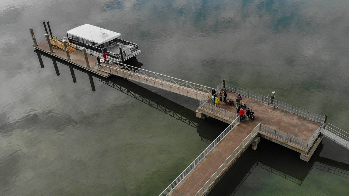 Once a public dock, a 47-foot catamaran approved to carry up to 49 passengers and operated by Celebrate Hilton Head load passengers for its 1 p.m. departure on Tuesday, Jan. 16, 2024, for Daufuskie Island.