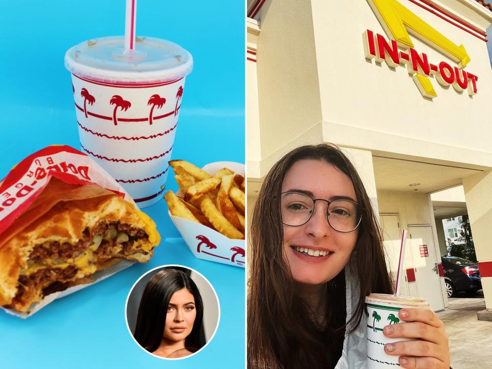 side by side of kylie jenner in n out order and author outside in n out