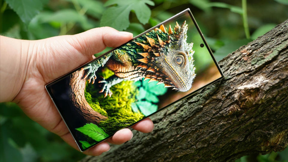 Une image divulguée du Samsung Galaxy S24 Ultra montrant un lézard à l'écran