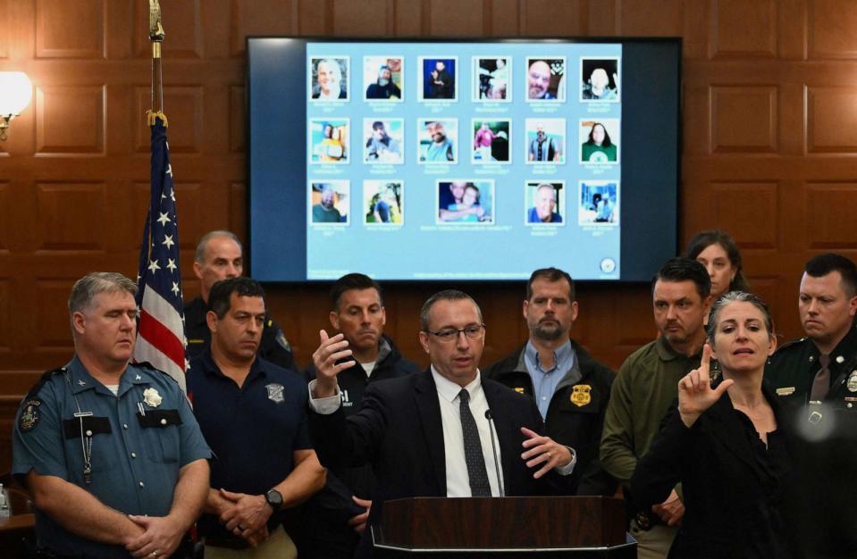 PHOTO: Maine Commissioner of Public Safety Mike Sauschuck speaks during a press conference at City Hall in Lewiston, Maine, on Oct. 28, 2023 after the suspect in a mass shooting was found dead the previous day. (Angela Weiss/AFP via Getty Images)