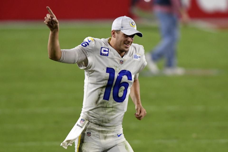 Rams quarterback Jared Goff celebrates as he leaves the field following Monday's win over the Tampa Bay Buccaneers.