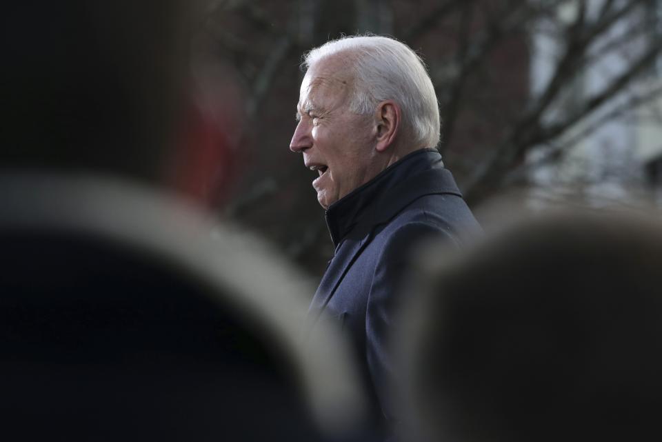 Democratic presidential candidate former Vice President Joe Biden speaks to supporters outside the New Hampshire State House after he filed to have his name listed on the New Hampshire primary ballot, Friday, Nov. 8, 2019, in Concord, N.H. (AP Photo/Charles Krupa)