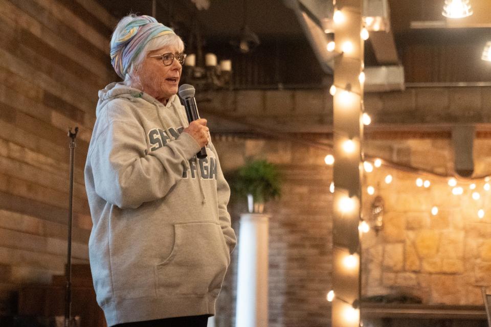 Jay Patterson, known as "Just J," uses her age to her advantage as she tells jokes related to being 70 years old during her set at Thursday's Top City Comedy competition at The Foundry.