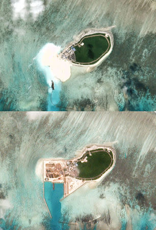 Combination of satellite photos show Chinese-controlled Tree Island, part of the Paracel Islands group in the South China Sea, November 2015 (top) and October 2017. Planet Labs/ via REUTERS