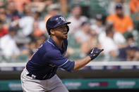 Tampa Bay Rays' Francisco Mejia watches his double during the ninth inning of a baseball game against the Detroit Tigers, Sunday, Aug. 7, 2022, in Detroit. (AP Photo/Carlos Osorio)