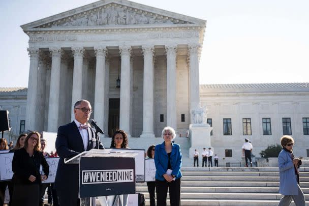 PHOTO: Plaintiff in the Obergefell v. Hodges Supreme Court case Jim Obergefell speaks during a rally, Oct. 4, 2016 in Washington, DC. (Zach Gibson/Getty Images)