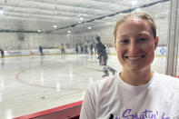 Lyndsey Fry poses at Arizona Made Ice Forum in Mesa, Ariz., May 1, 2024. The 2014 Olympian has created the Matt Shott Arizona Hockey Legacy Foundation to support boys and girls hockey programs after the Arizona Coyotes moved to Utah. (AP Photo/John Marshall)