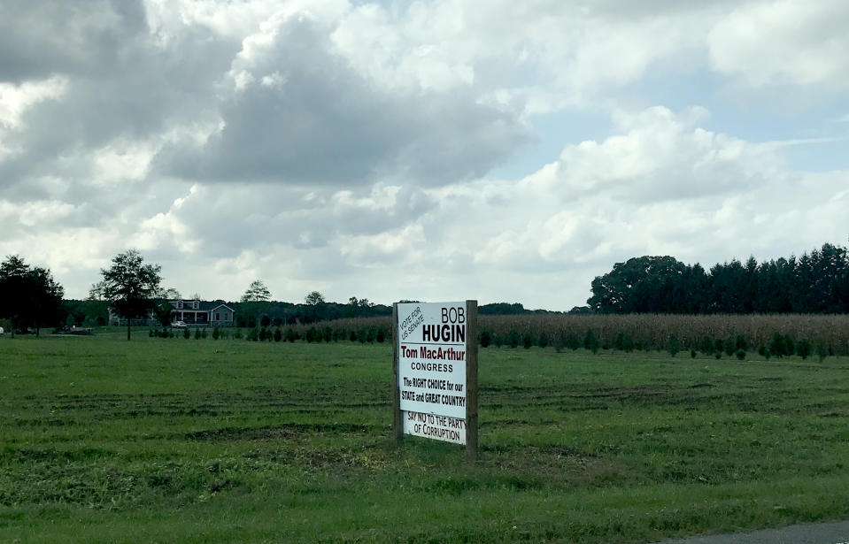 A large pro-GOP lawn sign declares Democrats “the party of corruption” on a farm outside Medford, NJ. (Photo: Andrew Romano/Yahoo News)
