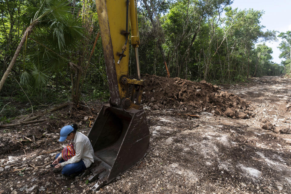 Una ambientalista se sienta sobre el brazo de una excavadora luego de que su grupo convenció a su operador de que dejase de abrir camino en la selva en Akumal (México) el 2 de agosto del 2022. La excavadora abre camino para que pueda pasar el Tren Maya, uno gran proyecto del presidente Andrés Manuel López Obrador. (AP Photo/Eduardo Verdugo)