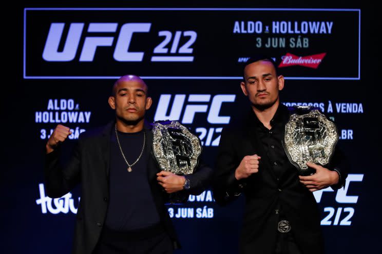 Jose Aldo (L) will meet Max Holloway on Saturday at UFC 212 in Rio de Janeiro. (Getty)