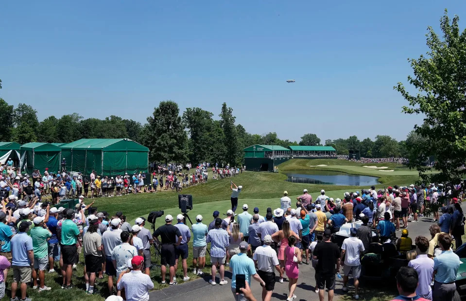 June 4, 2023: Dublin, Ohio, USA; Scottie Scheffler hits his tee shot on the 16th hole during the final round of the Memorial Tournament at Muirfield Village Golf Club. 