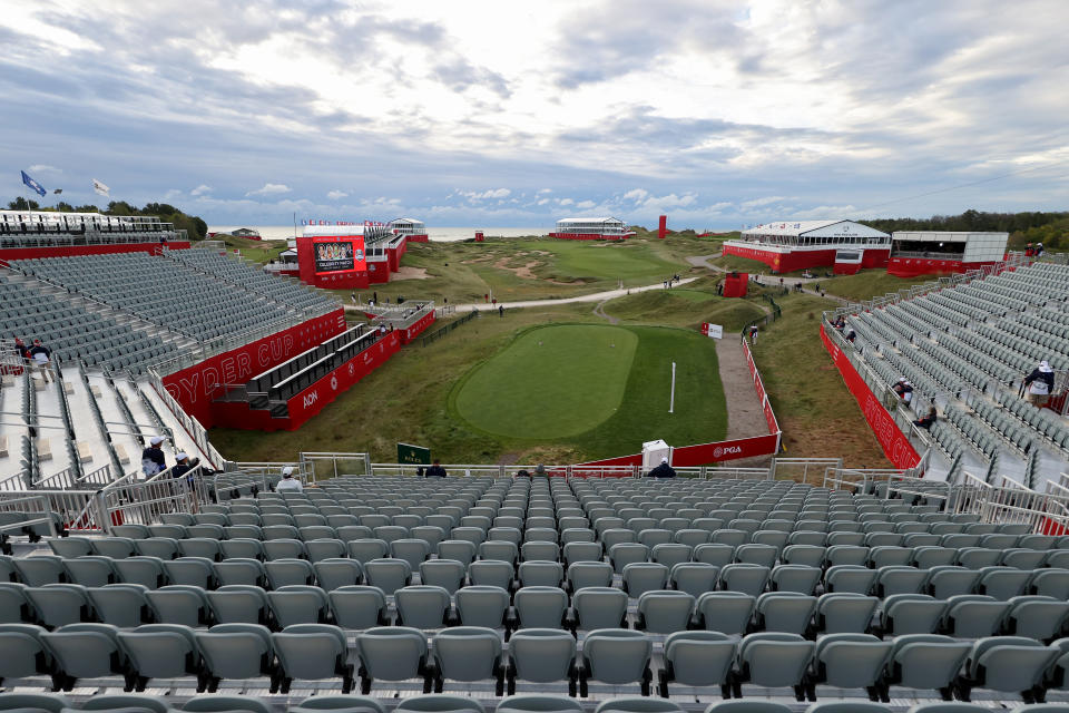 KOHLER, WISCONSIN - SEPTEMBER 23: A general view of the first tee during practice rounds prior to the 43rd Ryder Cup at Whistling Straits on September 23, 2021 in Kohler, Wisconsin. (Photo by Warren Little/Getty Images)