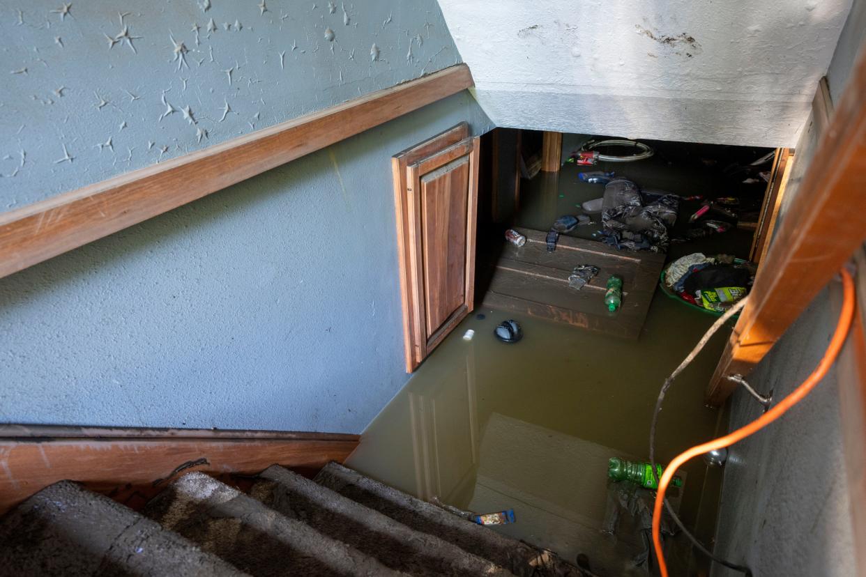 Flood water fills Kellie Van Beek's basement in Rock Valley, Monday, June 24, 2024.