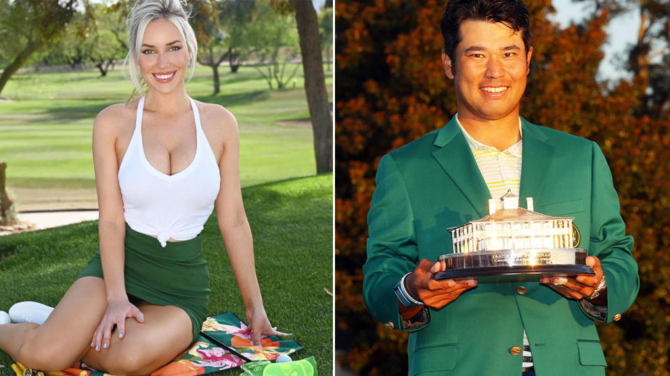 Pictured left, social media star Paige Spiranac and 2021 Masters champion Hideki Matsuyama on the right.