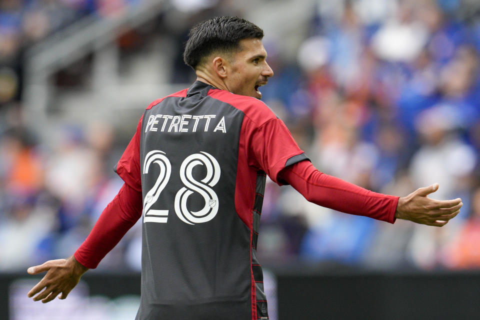 Toronto FC defender Raoul Petretta reacts during the second half of a MLS soccer match against FC Cincinnati Sunday, Feb. 25, 2024, in Cincinnati. (AP Photo/Jeff Dean)