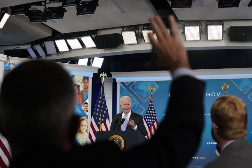 President Joe Biden talks about the newly approved COVID-19 vaccine for children ages 5-11 from the South Court Auditorium on the White House complex in Washington, Wednesday, Nov. 3, 2021. U.S. health officials on Tuesday gave the final sign-off to Pfizer's kid-size COVID-19 shot, a milestone that opens a major expansion of the nation's vaccination campaign to children as young as 5. (AP Photo/Susan Walsh)