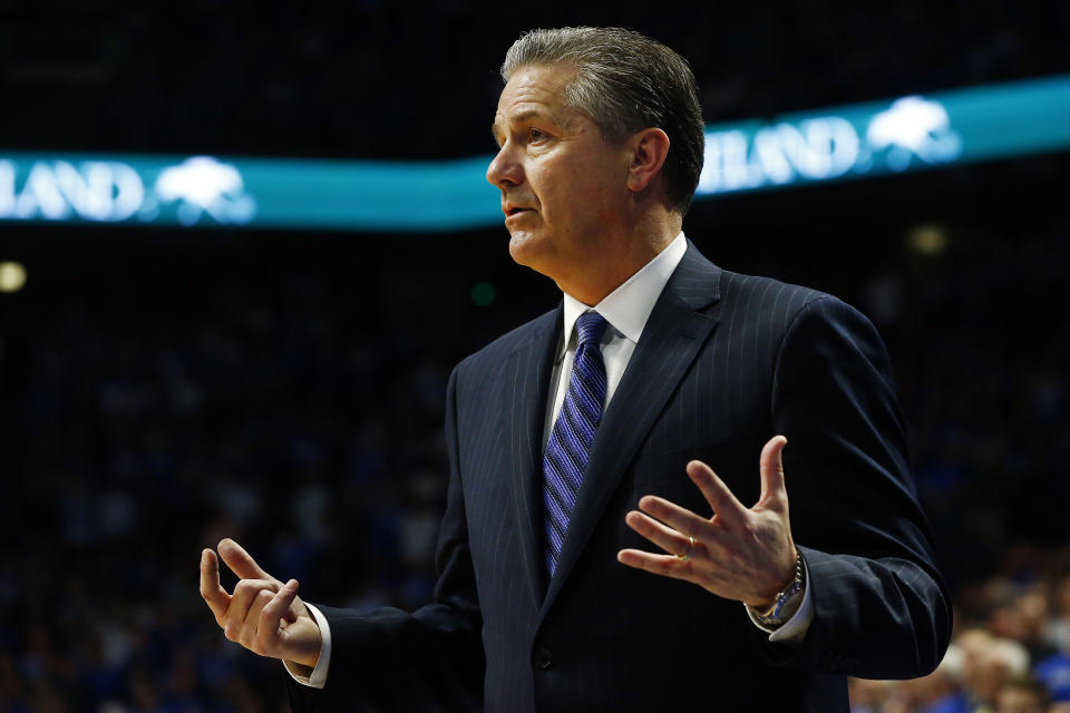 Kentucky head coach John Calipari directs his team in the second half of an NCAA college basketball game against Florida in Lexington, Ky., Saturday, Feb. 22, 2020. Kentucky won 65-59. (AP Photo/James Crisp)