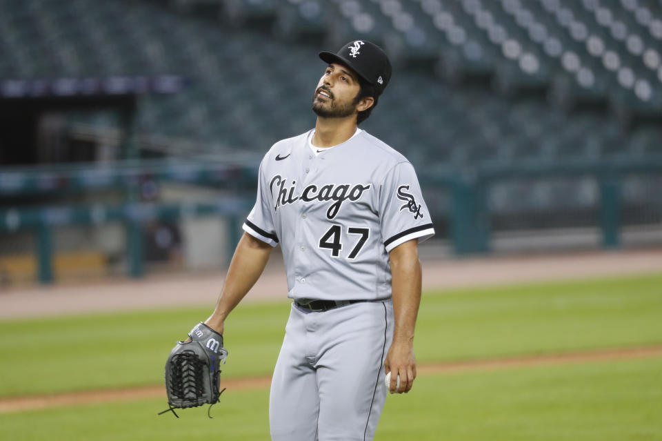 Chicago White Sox pitcher Gio Gonzalez walks to the dugout after being relieved against the Detroit Tigers in the fifth inning of a baseball game in Detroit, Tuesday, Aug. 11, 2020. (AP Photo/Paul Sancya)