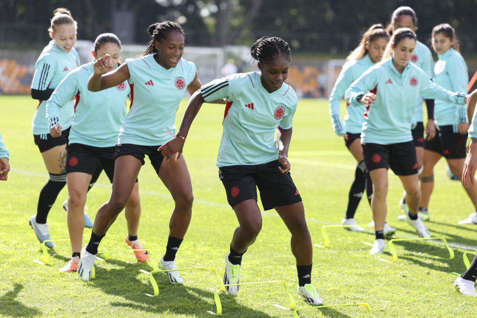 Colombia's Linda Caicedo trains with her team at Leichhardt Oval ahead of their game against Germany in Sydney, Australia, Saturday, July 29, 2023. (AP Photo/Sophie Ralph)