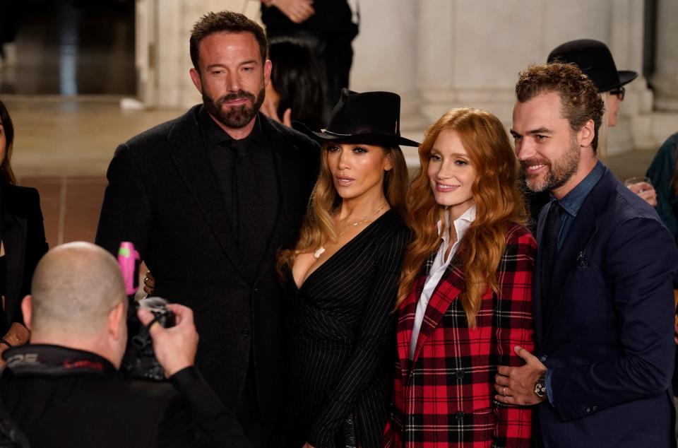 Ben Affleck, from left, Jennifer Lopez, Jessica Chastain and Gian Luca Passi de Preposulo attend the Ralph Lauren Spring 2023 Fashion Experience.