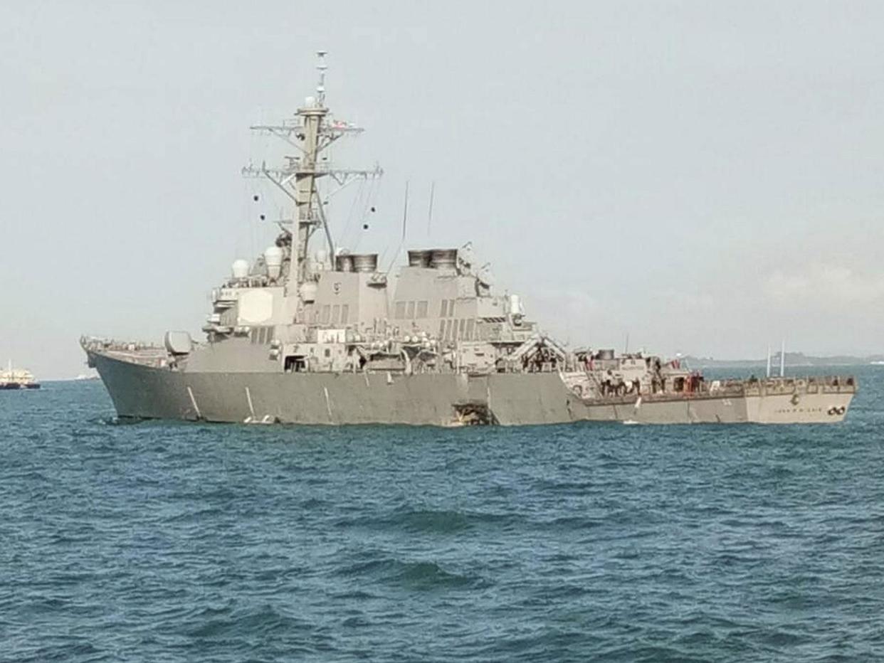 The US guided-missile destroyer USS John S McCain collided with an oil tanker off the coast of Johor, Malaysia: EPA/ROYAL MALAYSIAN NAVY