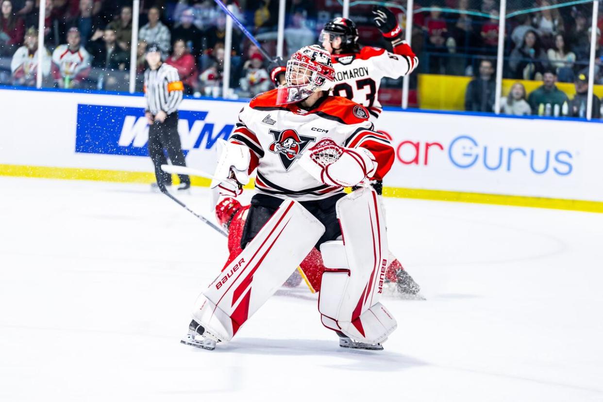 Riley Mercer was a brick wall through the first two games of the Quebec Maritimes Junior Hockey League finals. He posted back-to-back shutouts, stopping all 76 shots he faced. (Voltigeurs de Drummondville/X - image credit)
